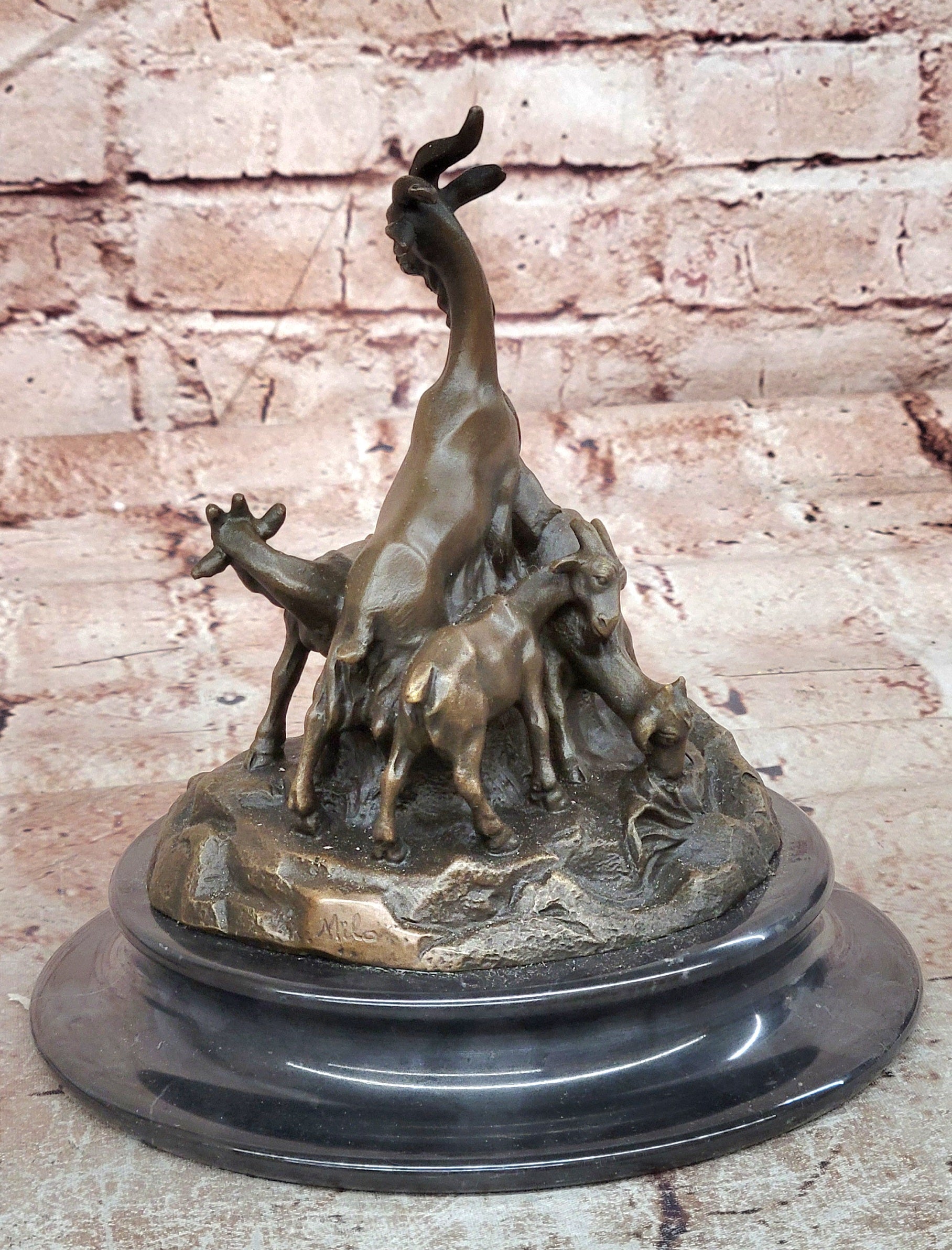 Signed Original Milo Charming Goat Family Bronze Sculpture Figurine Statue