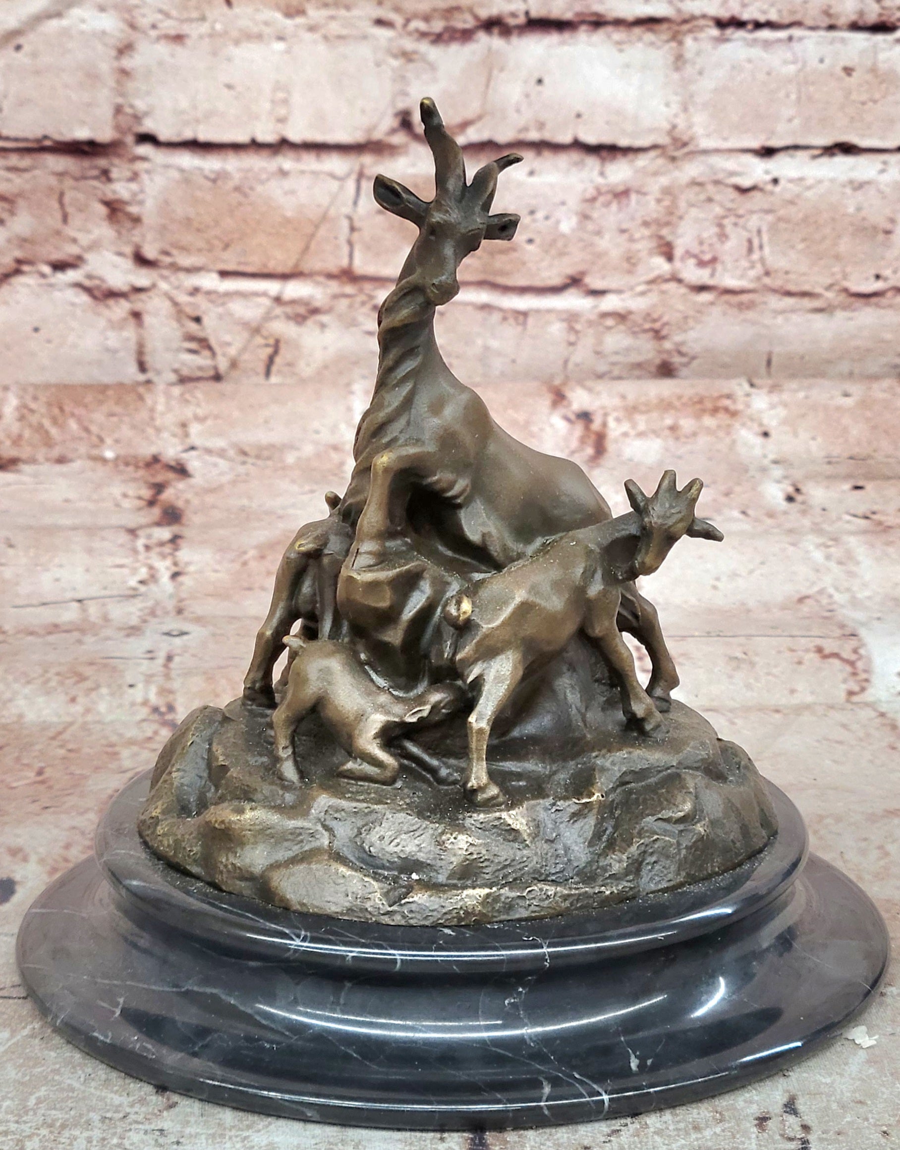 Signed Original Milo Charming Goat Family Bronze Sculpture Figurine Statue