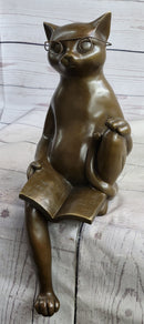 Cat in Eyeglasses Reading a Book Bronze Metal Sculpture Signed Art
