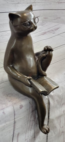 Cat in Eyeglasses Reading a Book Bronze Metal Sculpture Signed Art