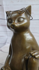 Cat in Eyeglasses Reading a Book Bronze Metal Sculpture Signed Art