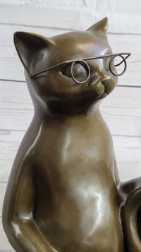 Cat in Eyeglasses Reading a Book Bronze Metal Sculpture Signed Art