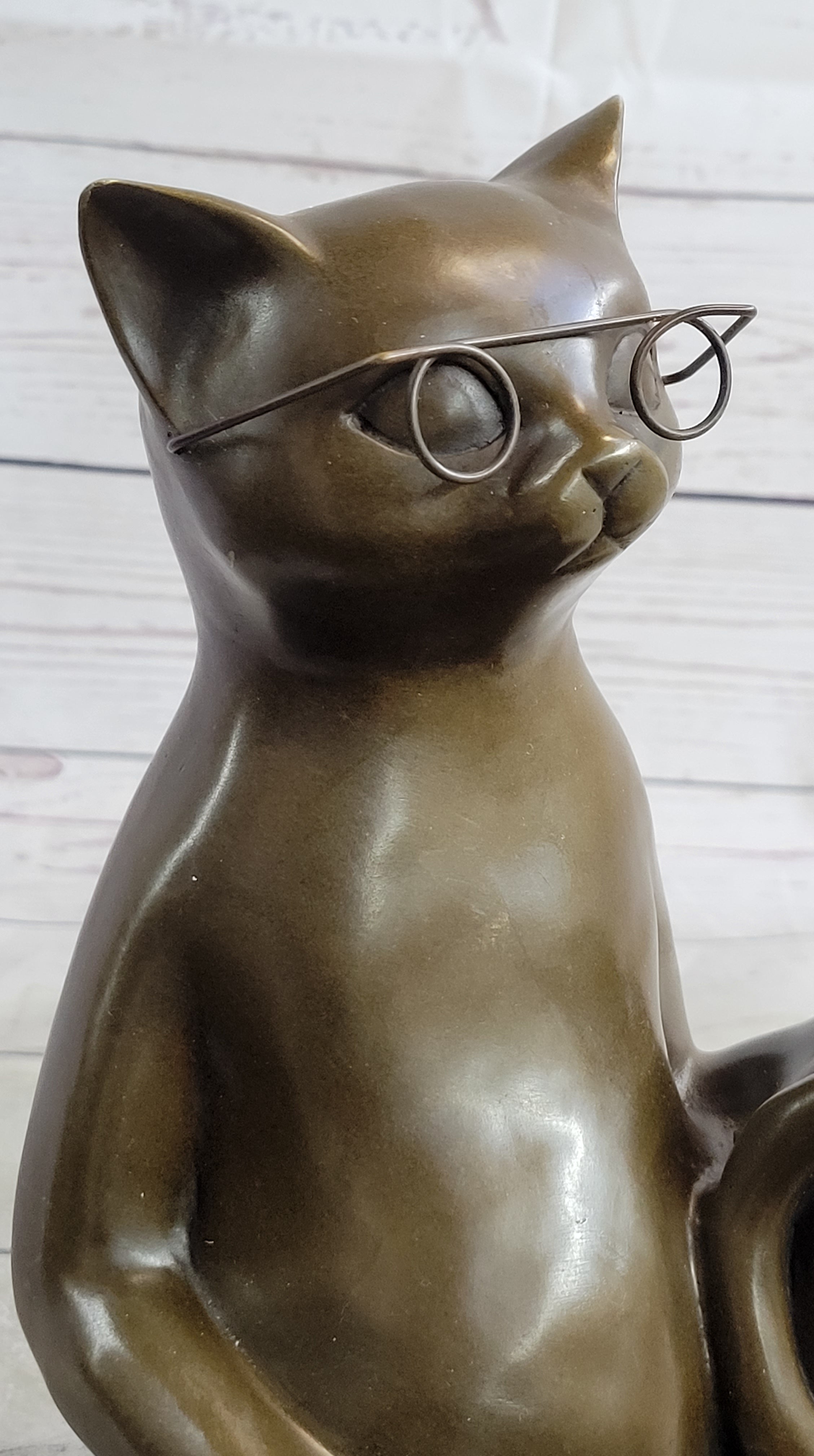 Cat in Eyeglasses Reading a Book Bronze Metal Sculpture Signed Art