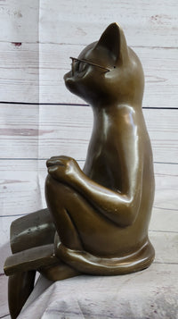 Cat in Eyeglasses Reading a Book Bronze Metal Sculpture Signed Art