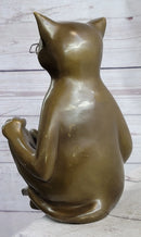 Cat in Eyeglasses Reading a Book Bronze Metal Sculpture Signed Art