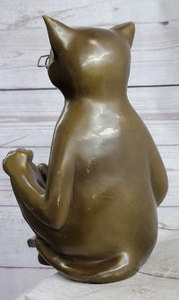 Cat in Eyeglasses Reading a Book Bronze Metal Sculpture Signed Art