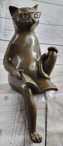 Cat in Eyeglasses Reading a Book Bronze Metal Sculpture Signed Art