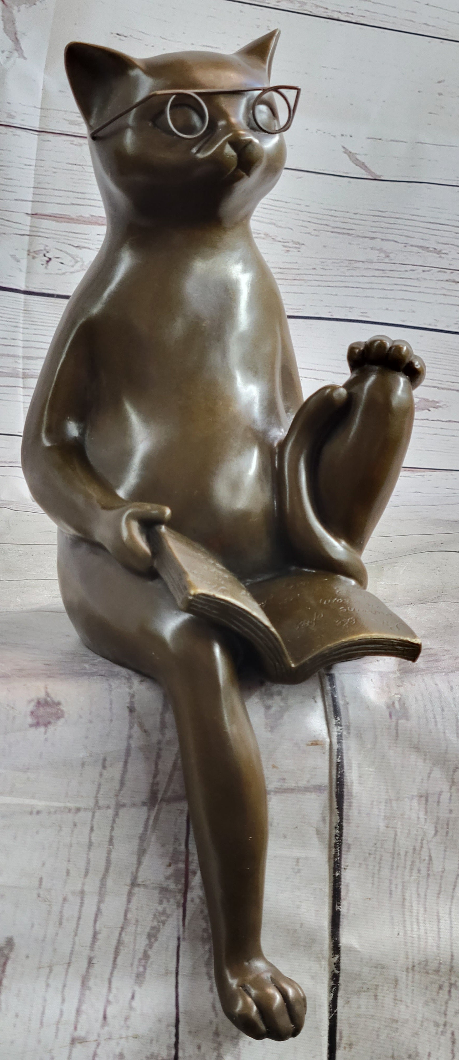 Cat in Eyeglasses Reading a Book Bronze Metal Sculpture Signed Art