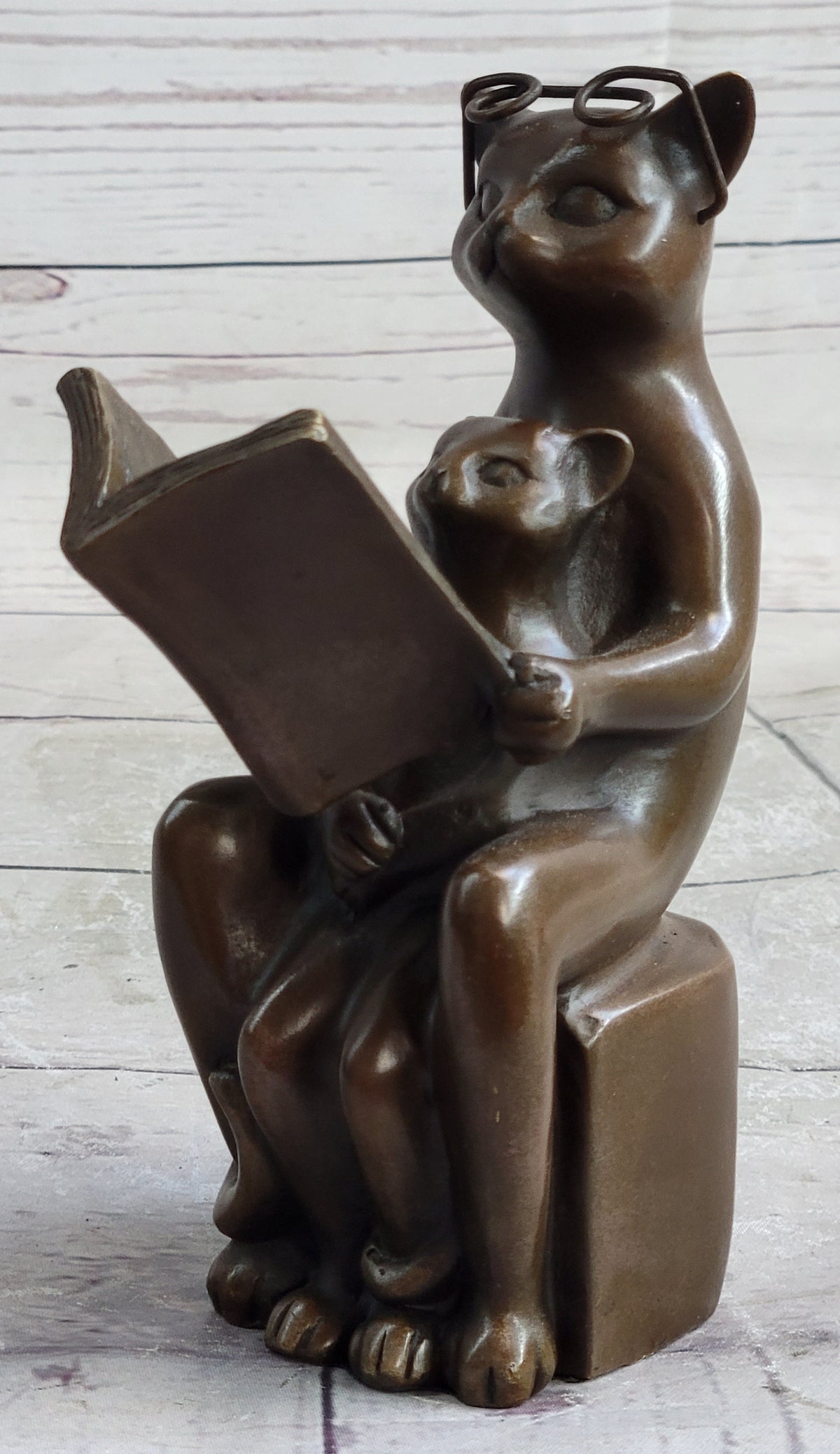 Charming Cat with Baby Telling Stories Bronze Sculpture