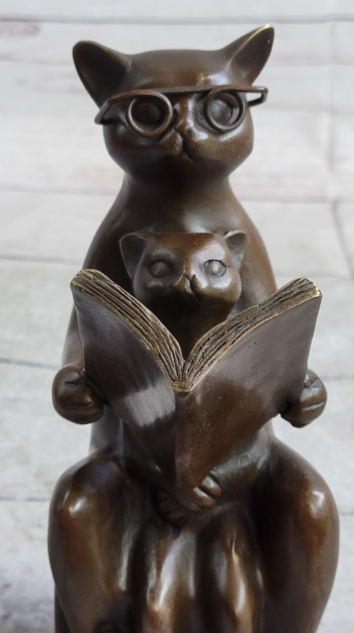 Charming Cat with Baby Telling Stories Bronze Sculpture