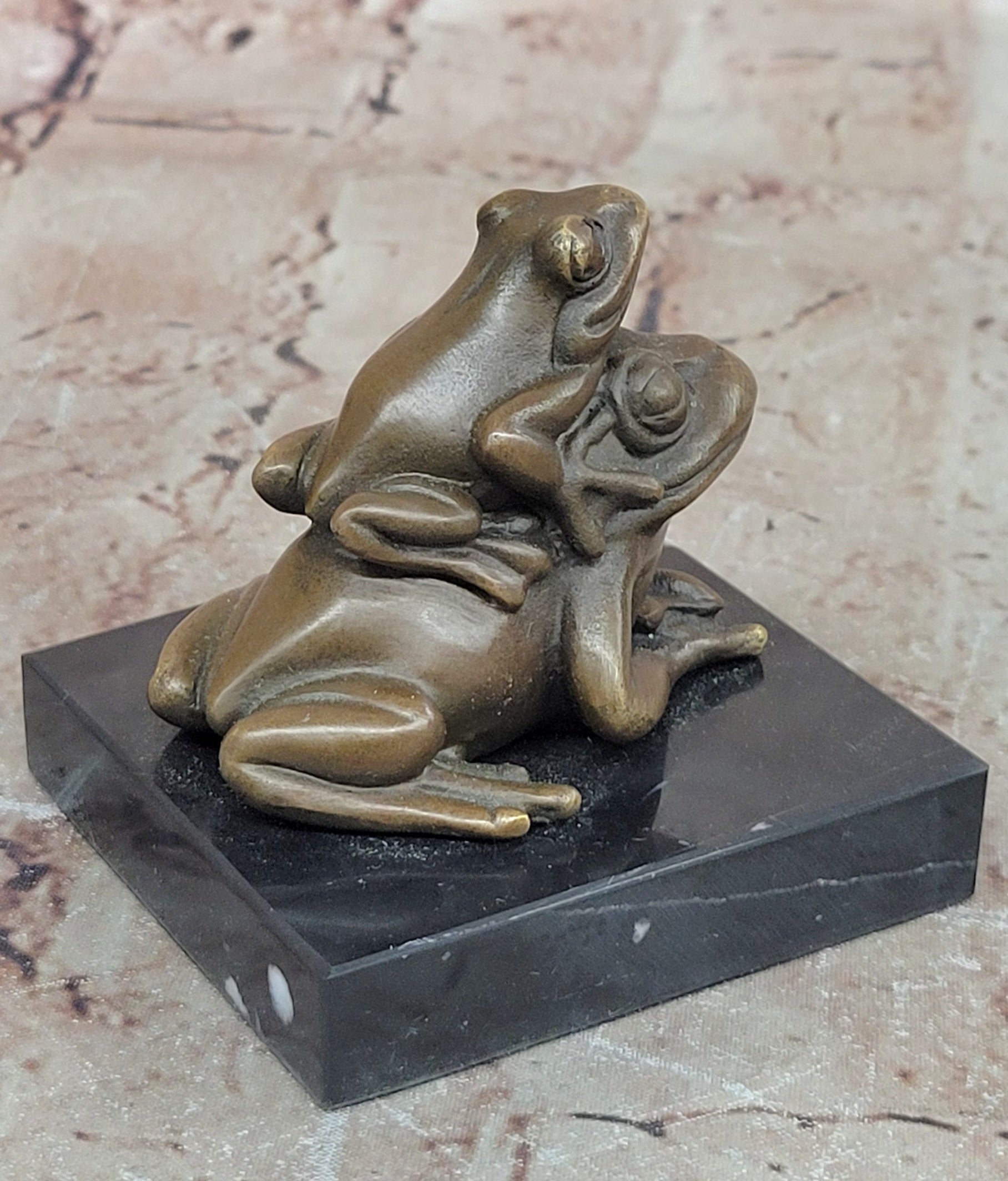 Signed Mother Frog with Young Baby Genuine Bronze Sculpture Toad Statue