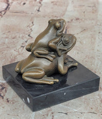 Signed Mother Frog with Young Baby Genuine Bronze Sculpture Toad Statue