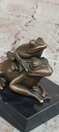 Signed Mother Frog with Young Baby Genuine Bronze Sculpture Toad Statue