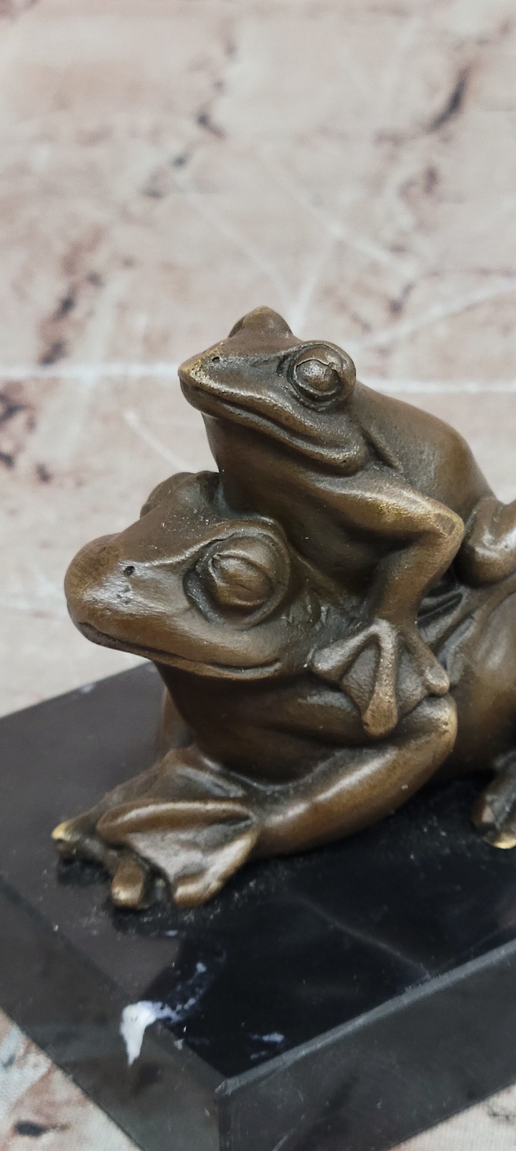 Signed Mother Frog with Young Baby Genuine Bronze Sculpture Toad Statue