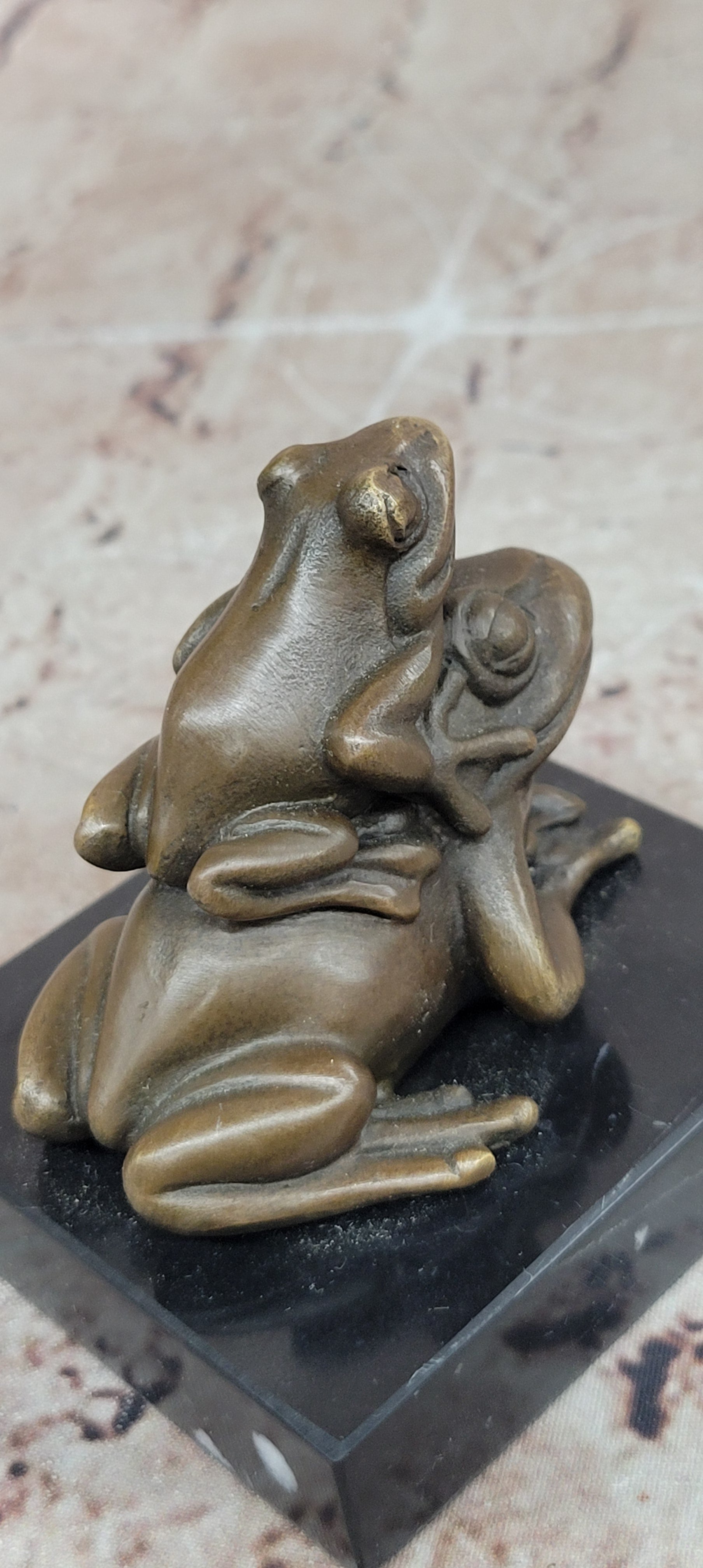 Signed Mother Frog with Young Baby Genuine Bronze Sculpture Toad Statue
