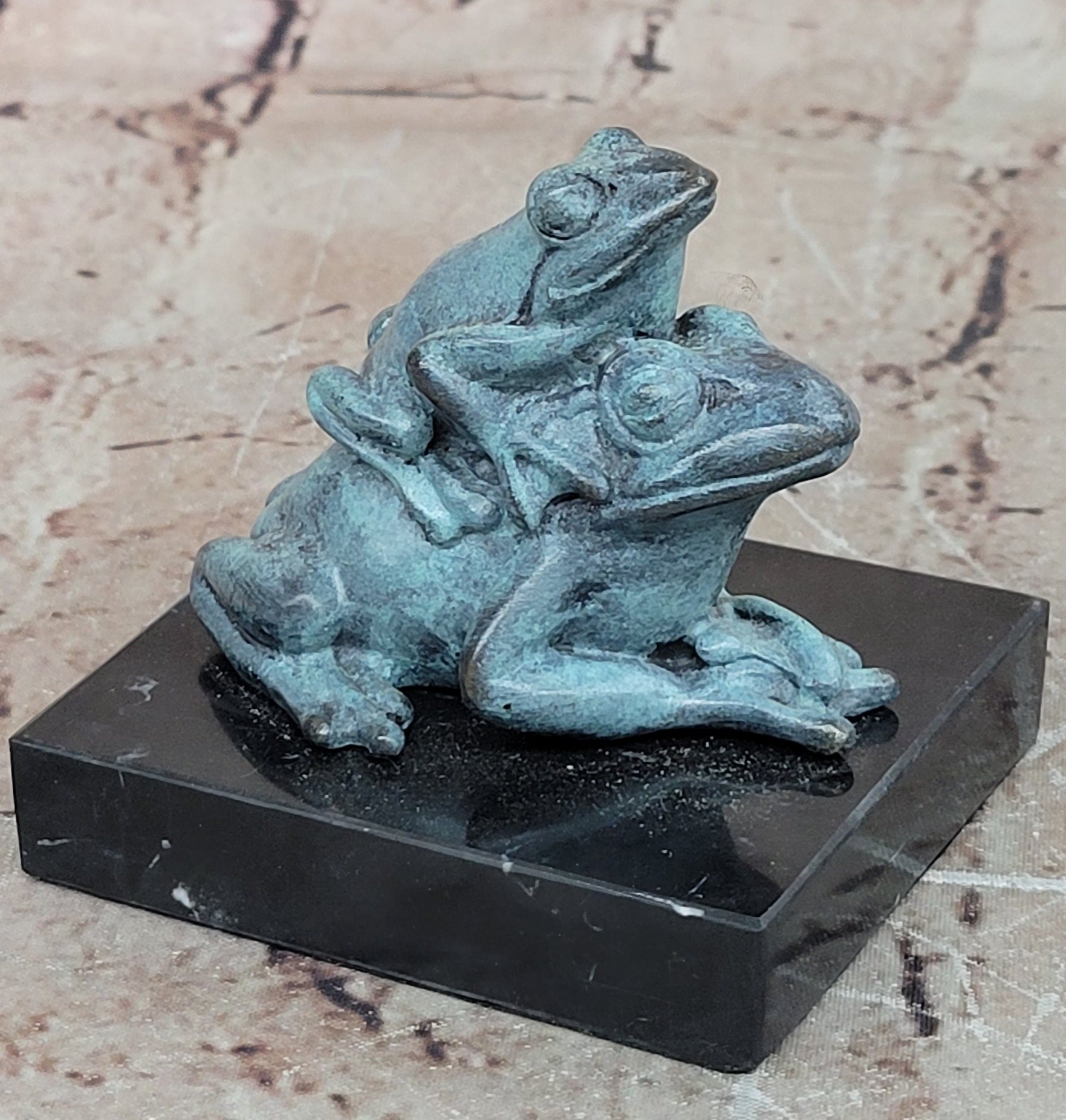 Bronze Frog Mother and Baby Animal Figurine Green Patina Signed Milo