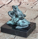 Bronze Frog Mother and Baby Animal Figurine Green Patina Signed Milo