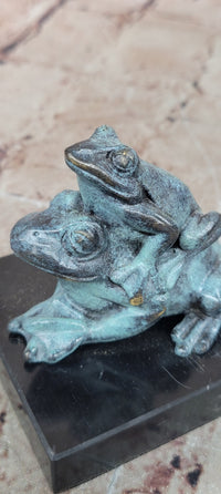 Bronze Frog Mother and Baby Animal Figurine Green Patina Signed Milo