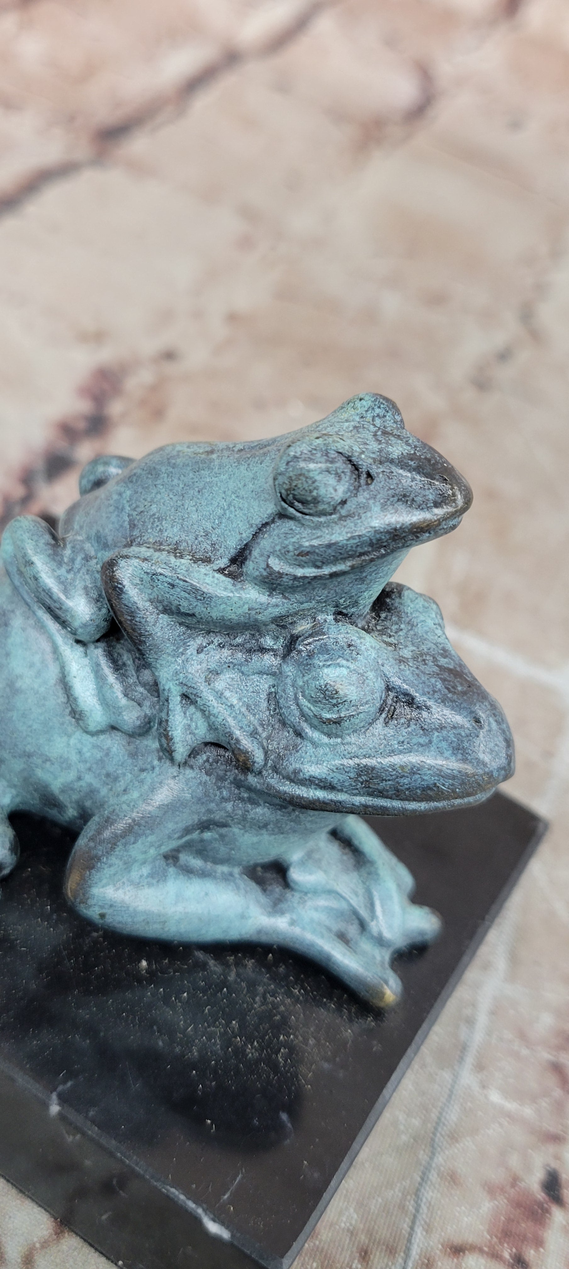 Bronze Frog Mother and Baby Animal Figurine Green Patina Signed Milo