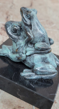 Bronze Frog Mother and Baby Animal Figurine Green Patina Signed Milo