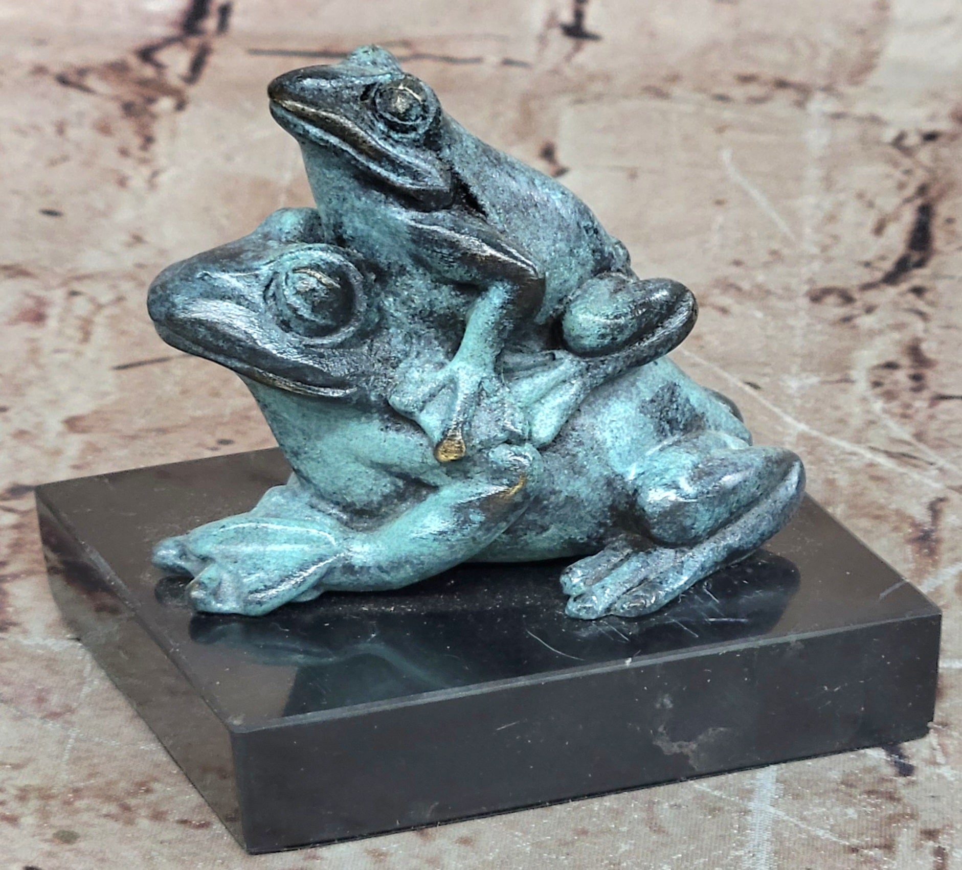 Bronze Frog Mother and Baby Animal Figurine Green Patina Signed Milo