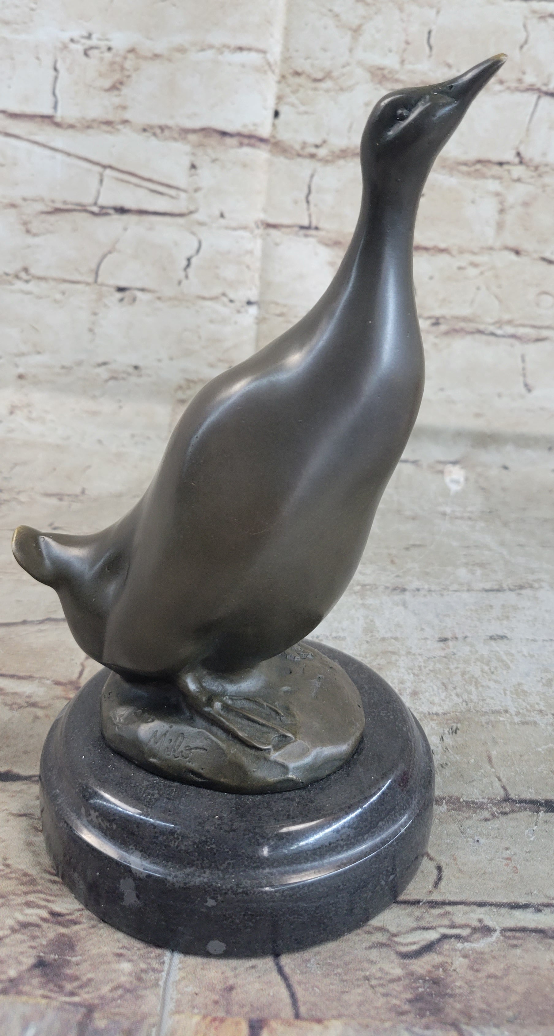 Duck Bird Water Fowl Bronze Sculpture on Marble Base