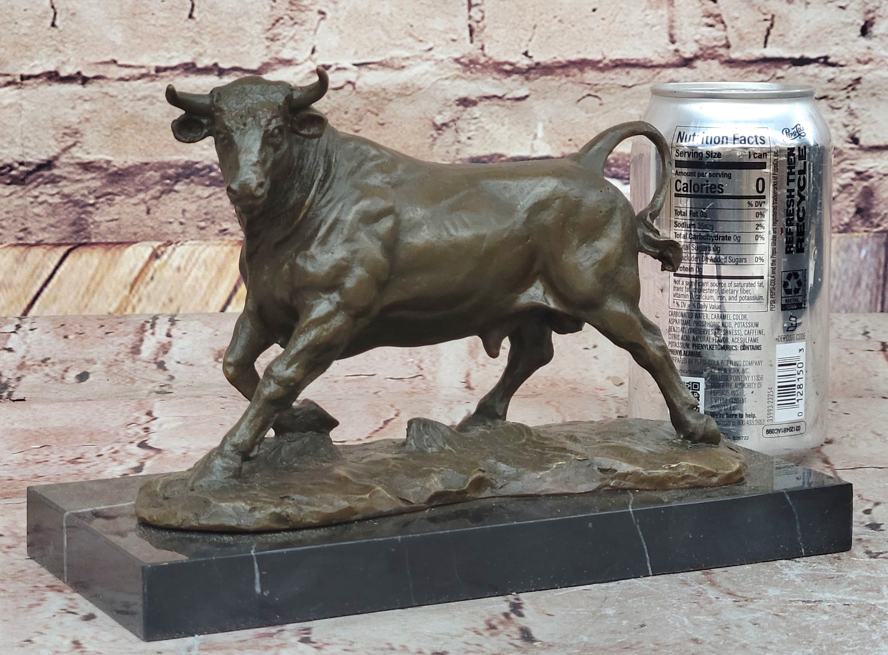 Bronze Charging Bull Sculpture on Marble Base