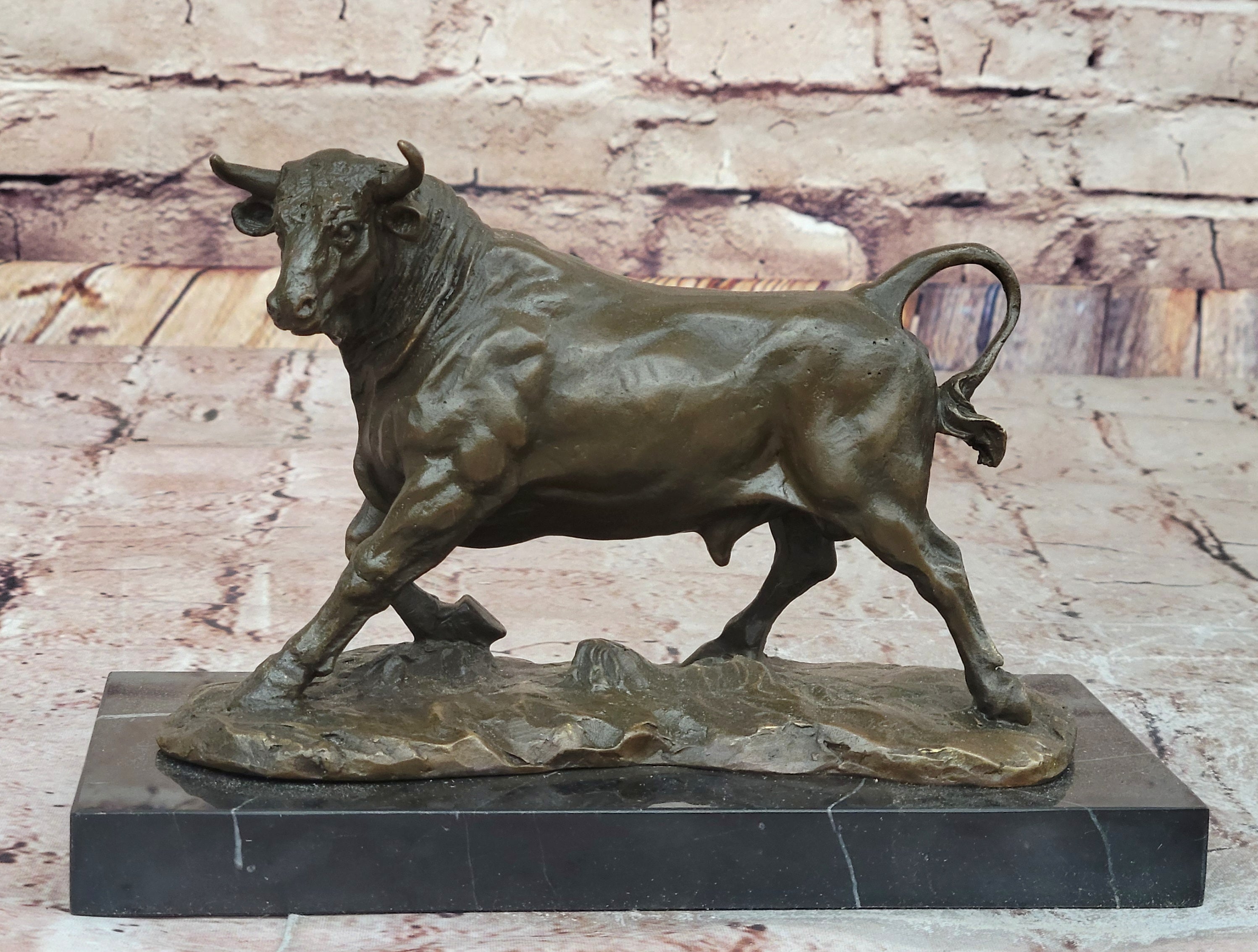 Bronze Charging Bull Sculpture on Marble Base