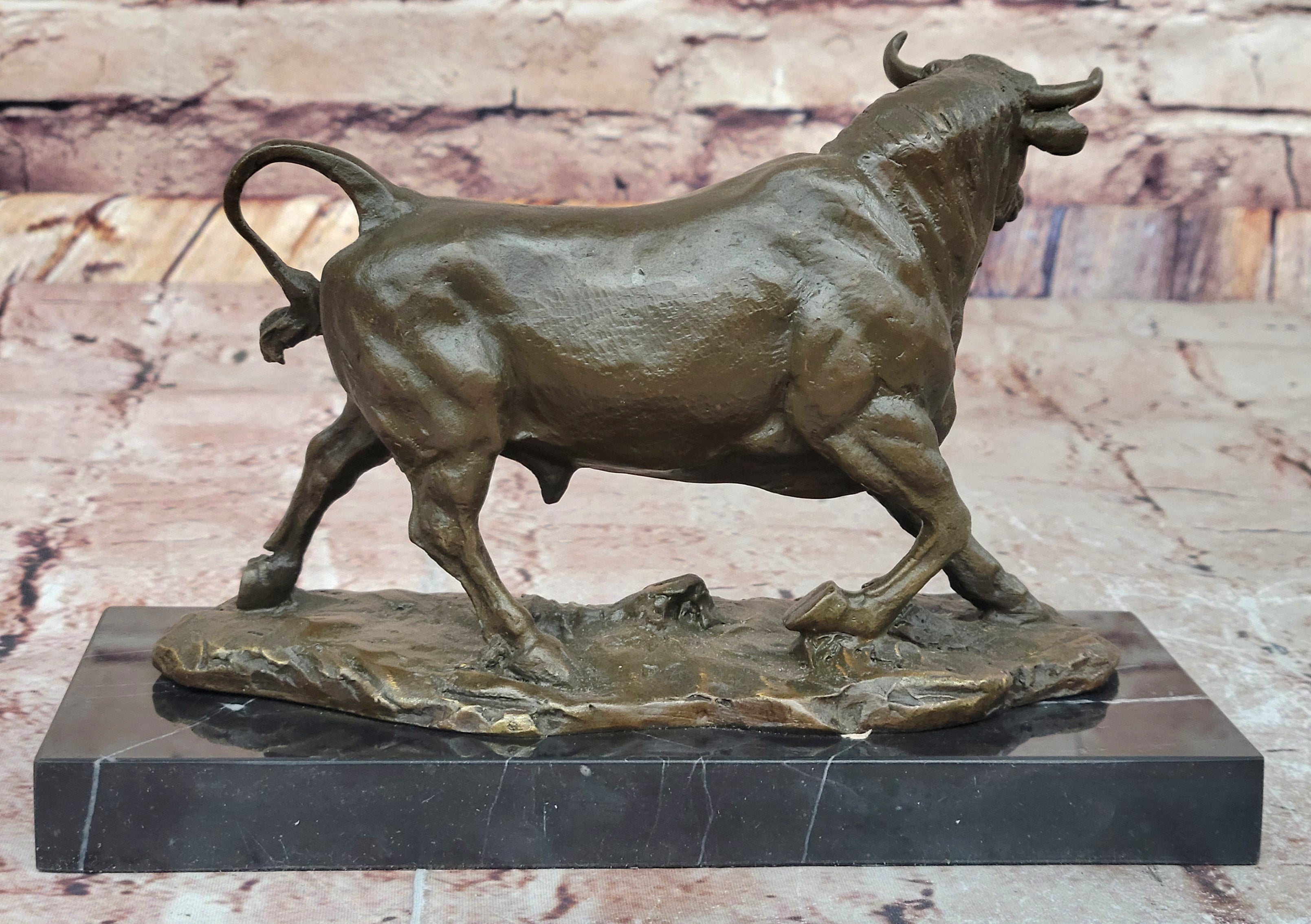 Bronze Charging Bull Sculpture on Marble Base