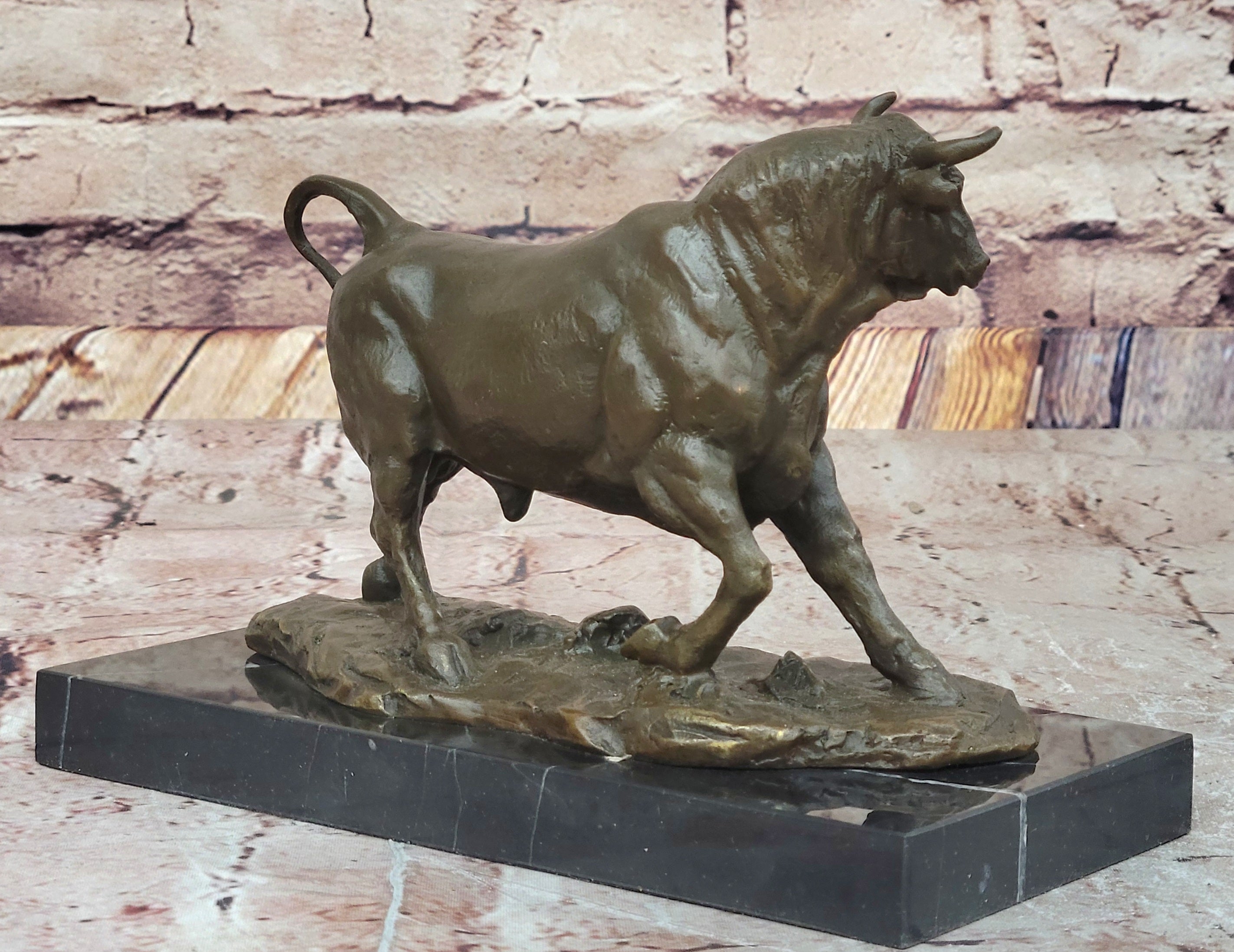 Bronze Charging Bull Sculpture on Marble Base