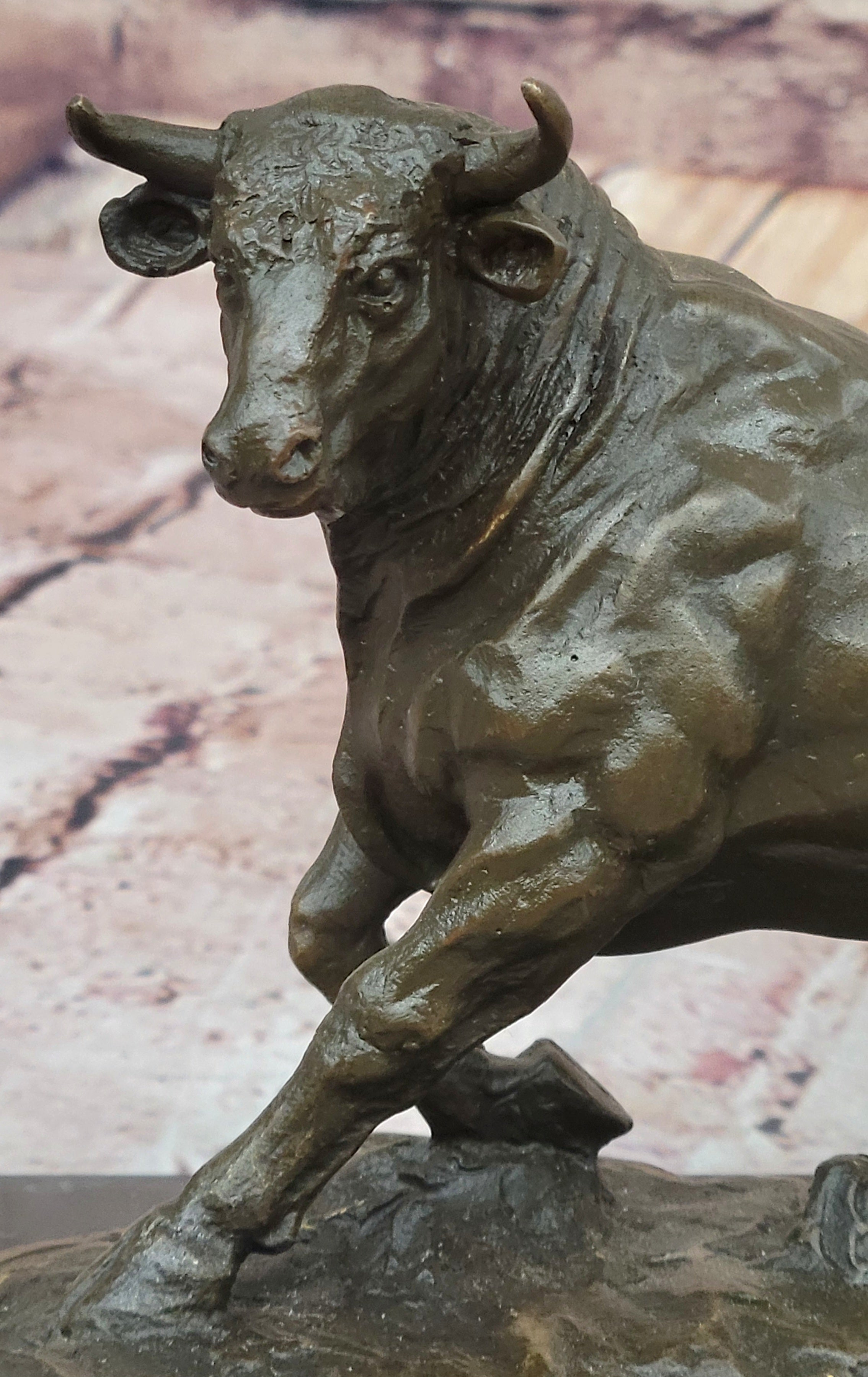 Bronze Charging Bull Sculpture on Marble Base