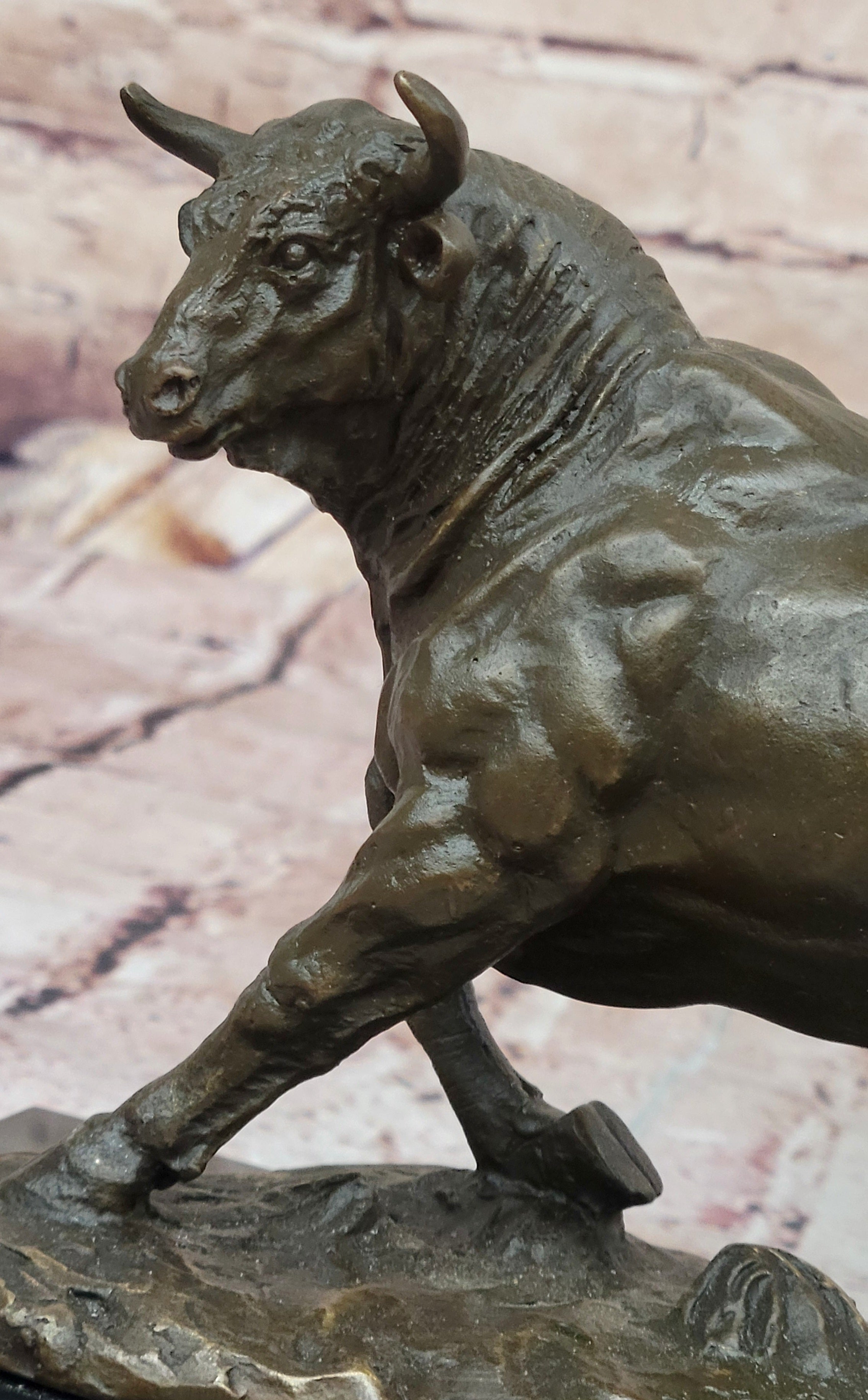 Bronze Charging Bull Sculpture on Marble Base