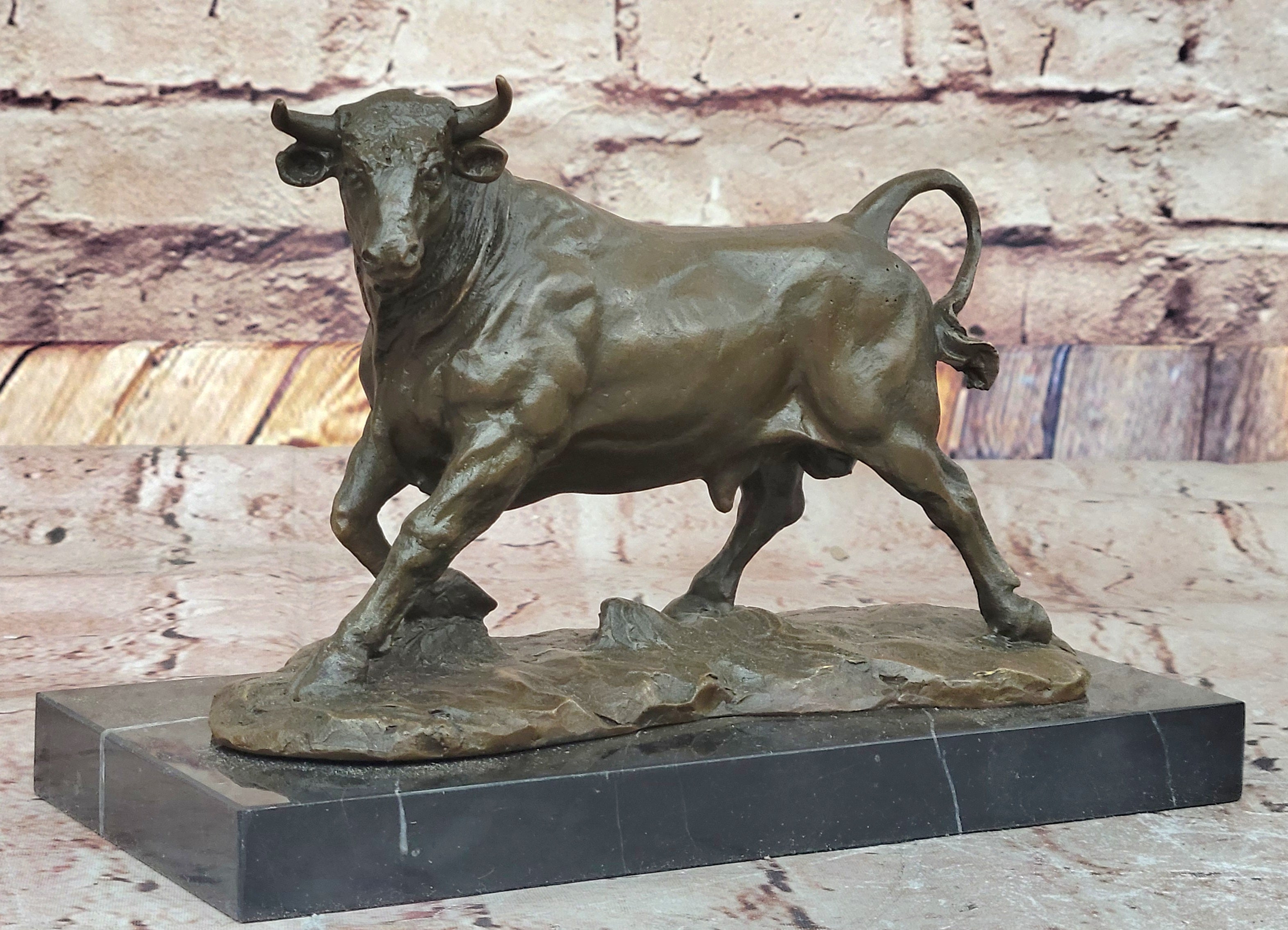 Bronze Charging Bull Sculpture on Marble Base
