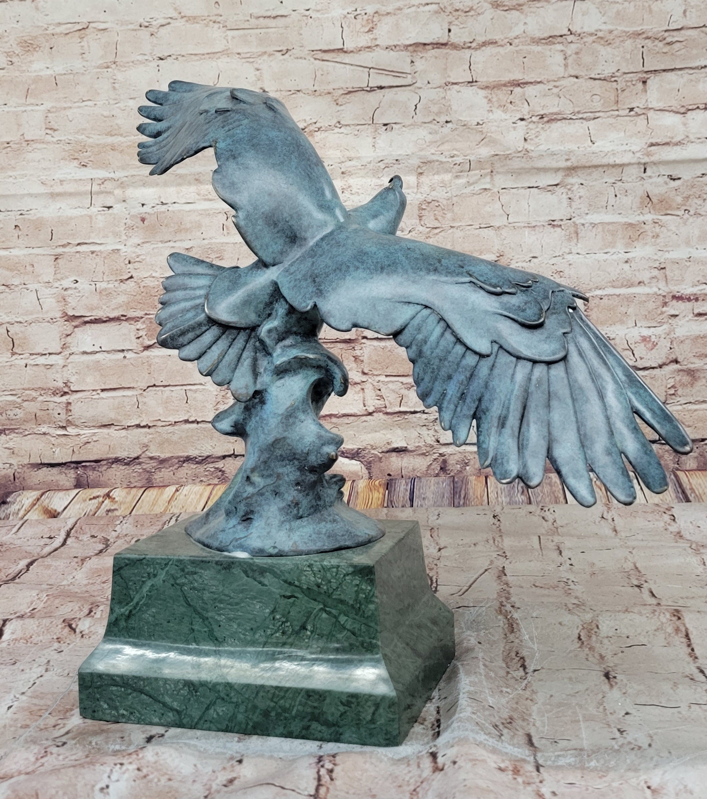 American Bald Eagle Wings Spread Green Bronze Sculpture on Marble