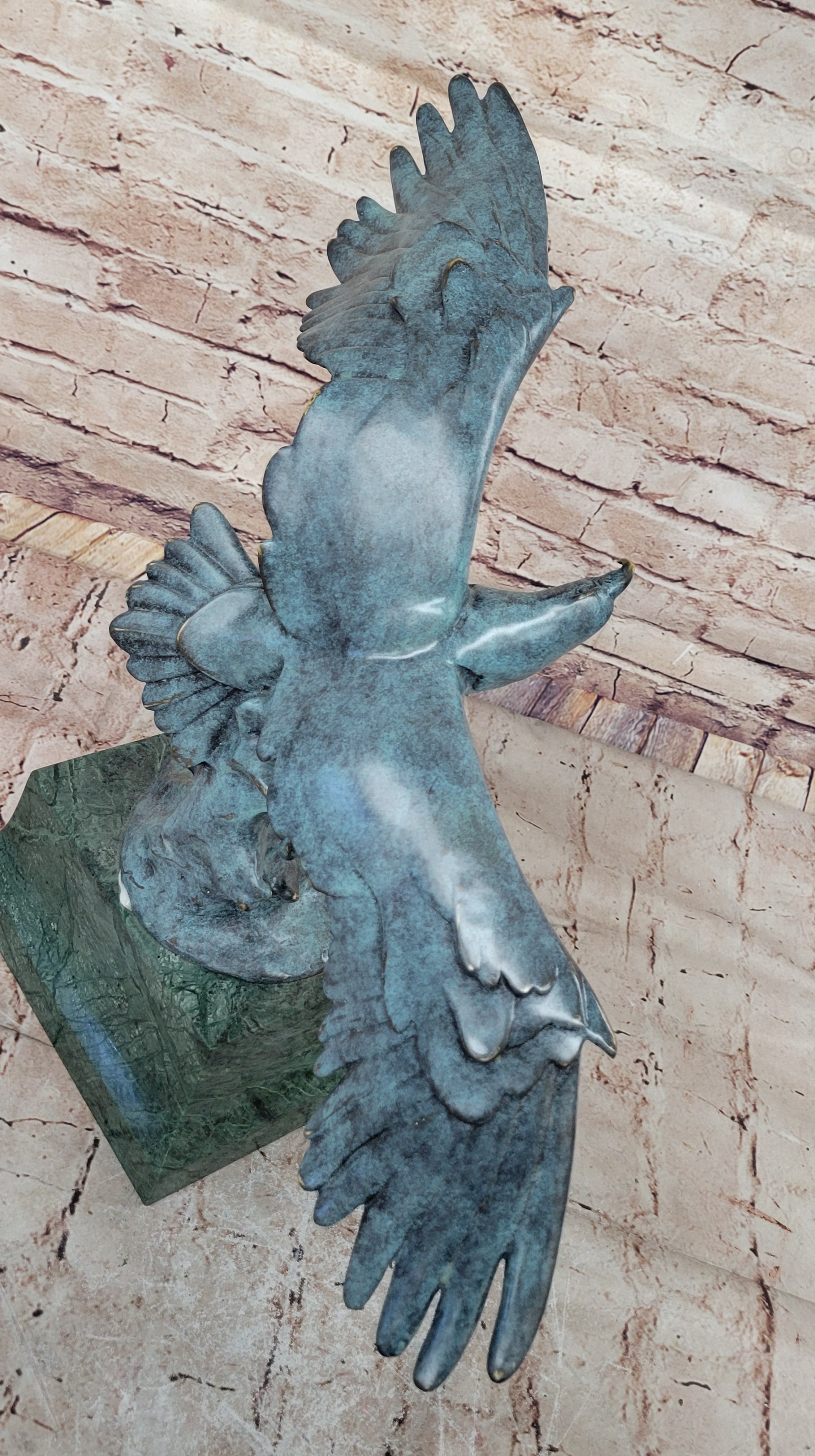 American Bald Eagle Wings Spread Green Bronze Sculpture on Marble