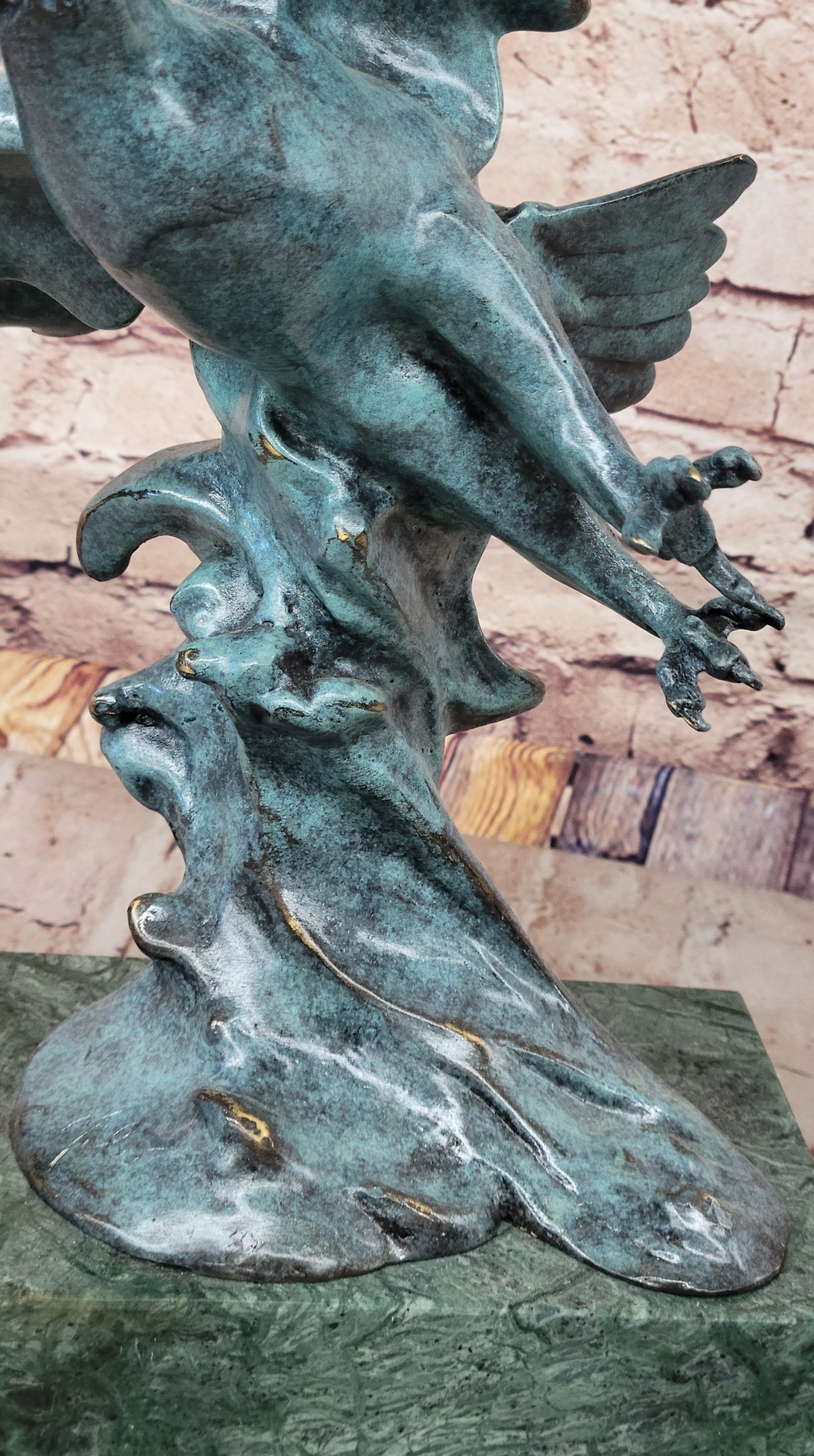 American Bald Eagle Wings Spread Green Bronze Sculpture on Marble