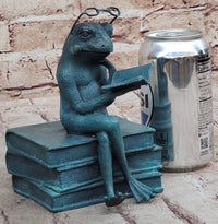 Frog Reading a Book Bronze Metal Sculpture Signed Art