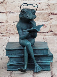 Frog Reading a Book Bronze Metal Sculpture Signed Art