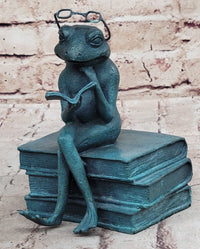Frog Reading a Book Bronze Metal Sculpture Signed Art