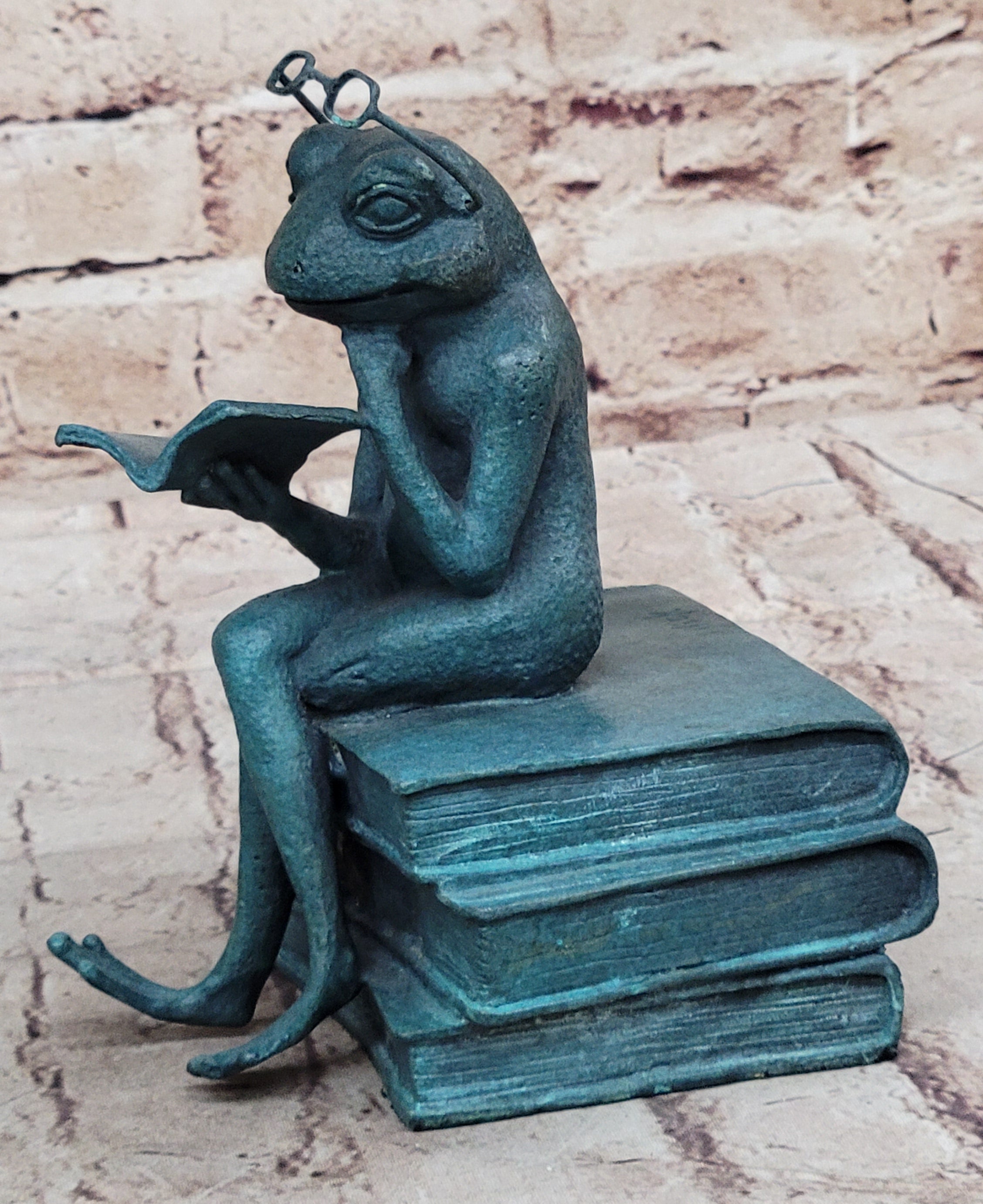 Frog Reading a Book Bronze Metal Sculpture Signed Art