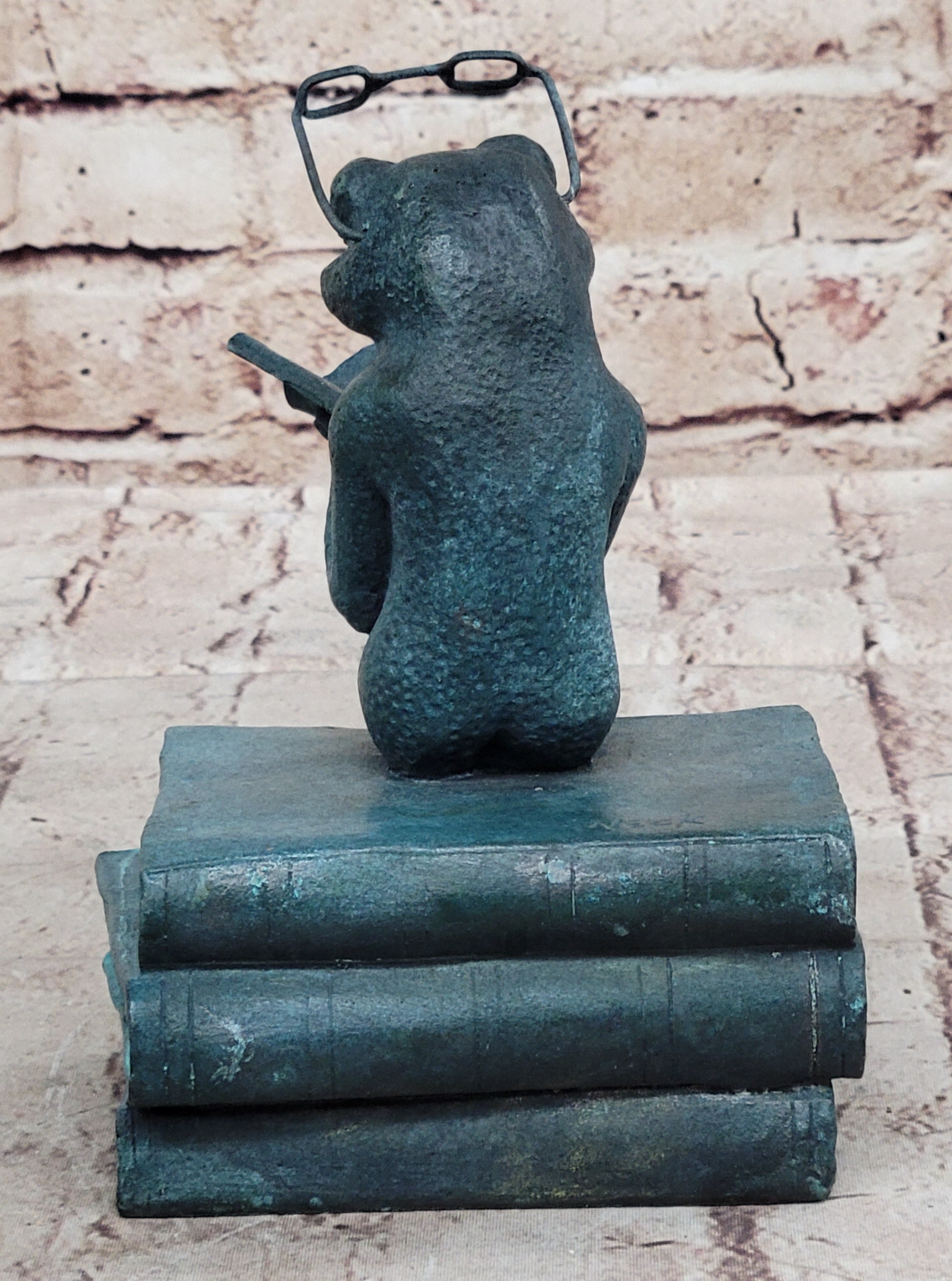Frog Reading a Book Bronze Metal Sculpture Signed Art