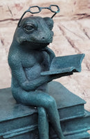 Frog Reading a Book Bronze Metal Sculpture Signed Art