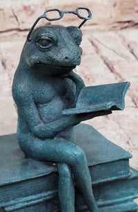 Frog Reading a Book Bronze Metal Sculpture Signed Art