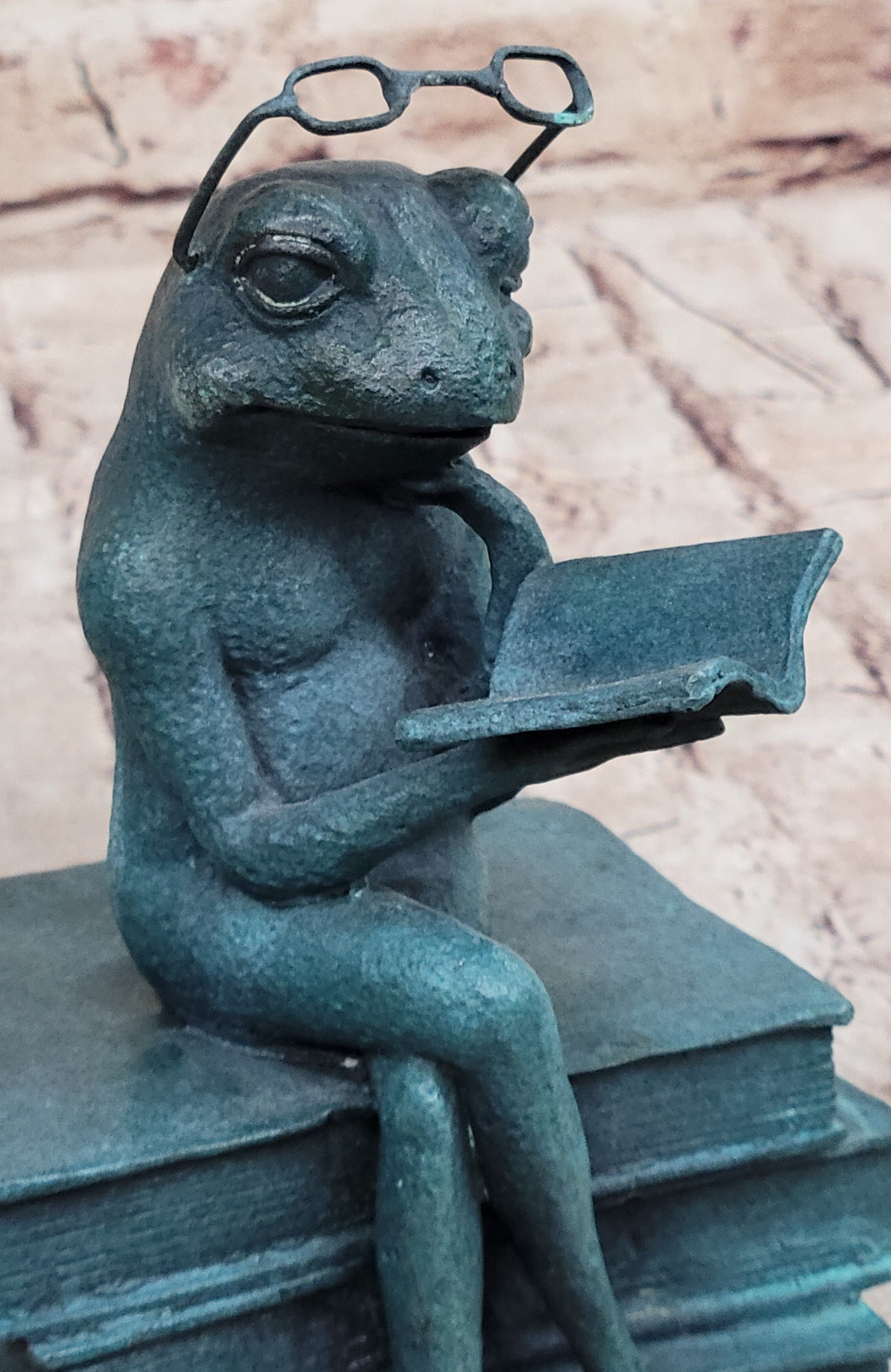 Frog Reading a Book Bronze Metal Sculpture Signed Art