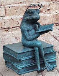 Frog Reading a Book Bronze Metal Sculpture Signed Art