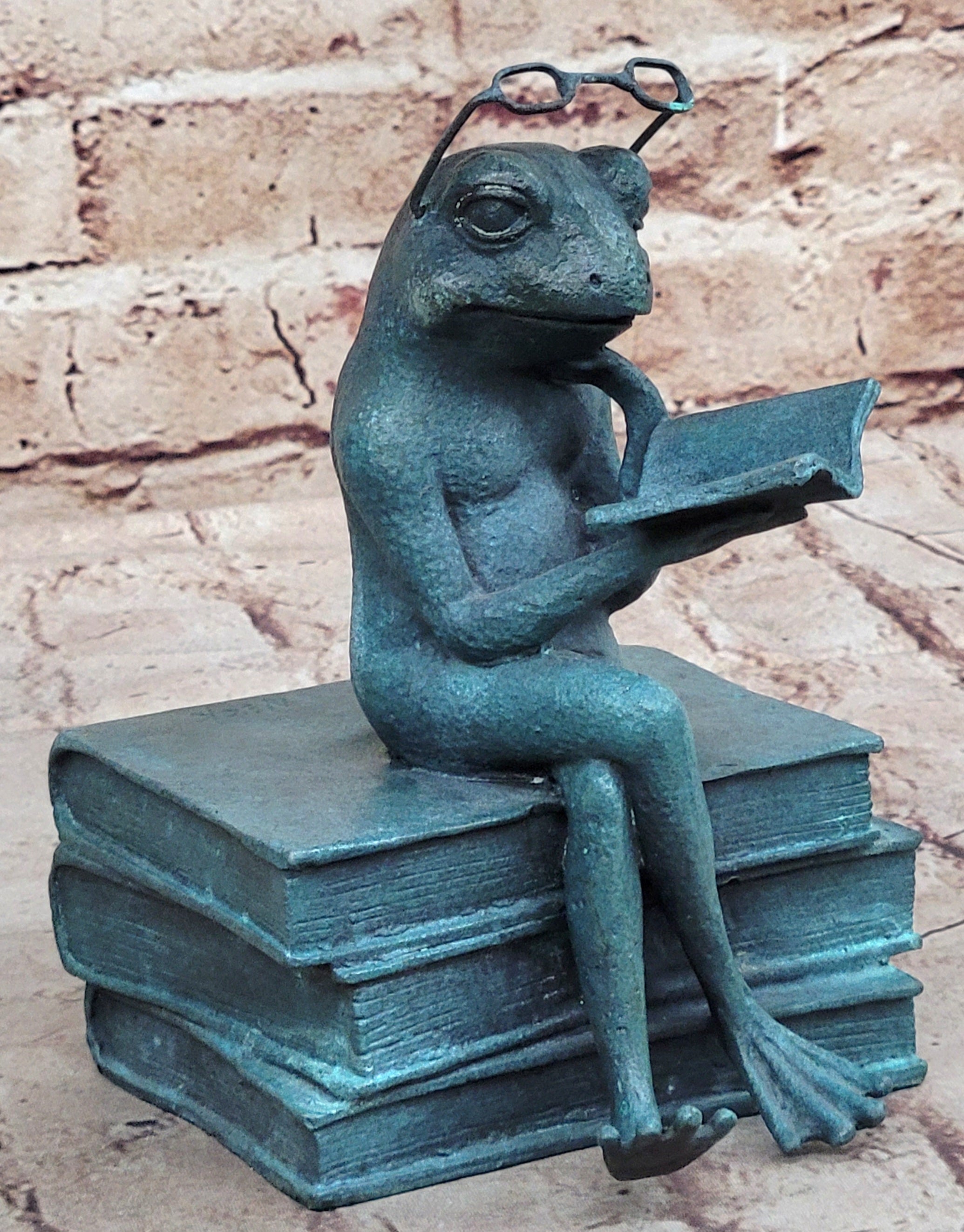 Frog Reading a Book Bronze Metal Sculpture Signed Art