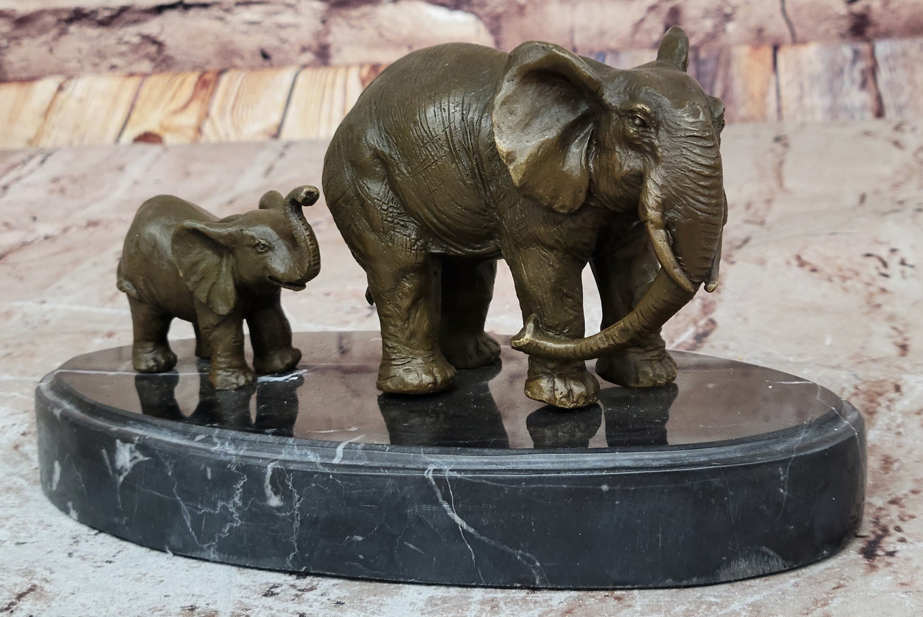 Mother and Child Elephant & Calf Barye Bronze on Marble Base