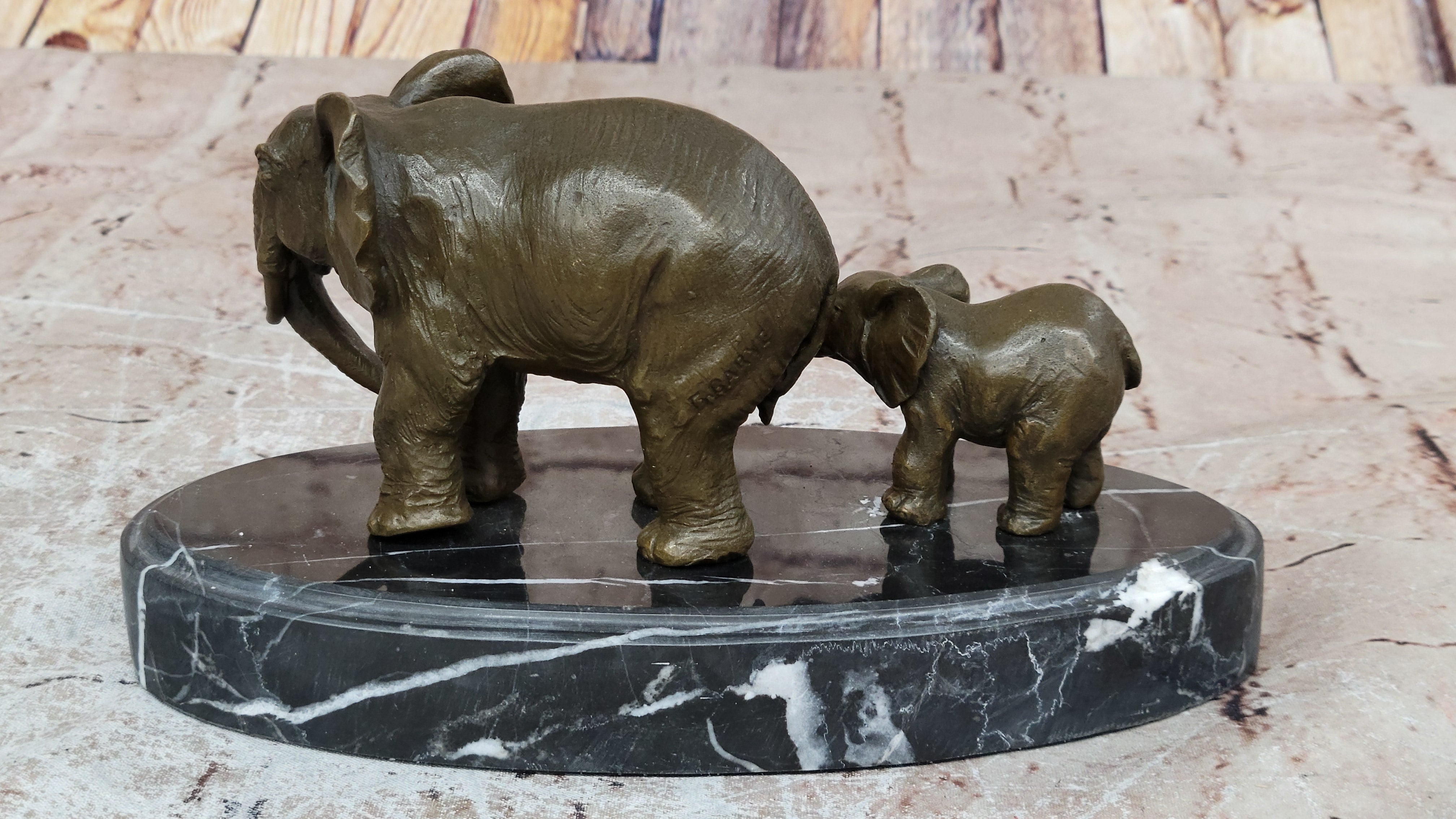 Mother and Child Elephant & Calf Barye Bronze on Marble Base