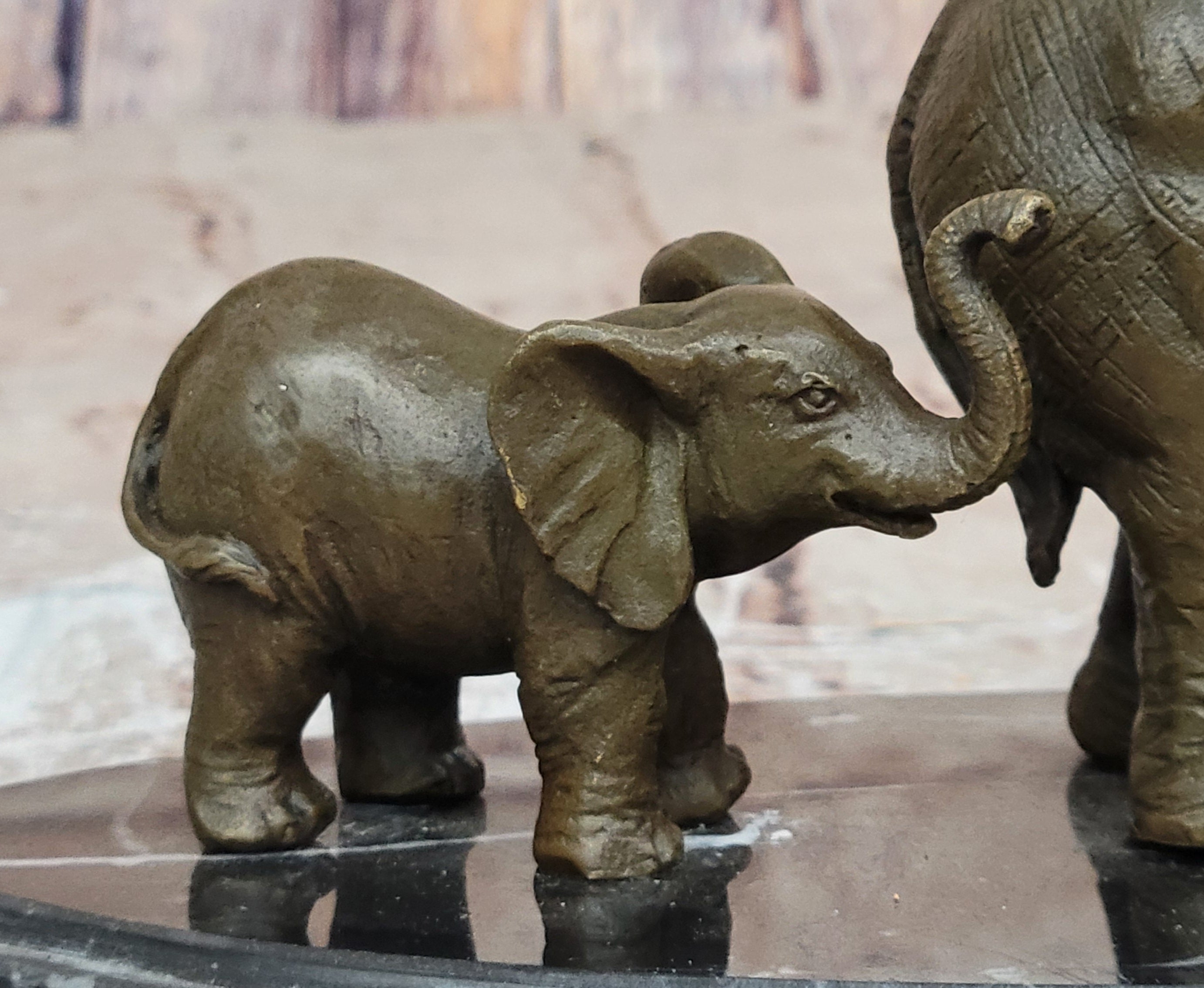 Mother and Child Elephant & Calf Barye Bronze on Marble Base