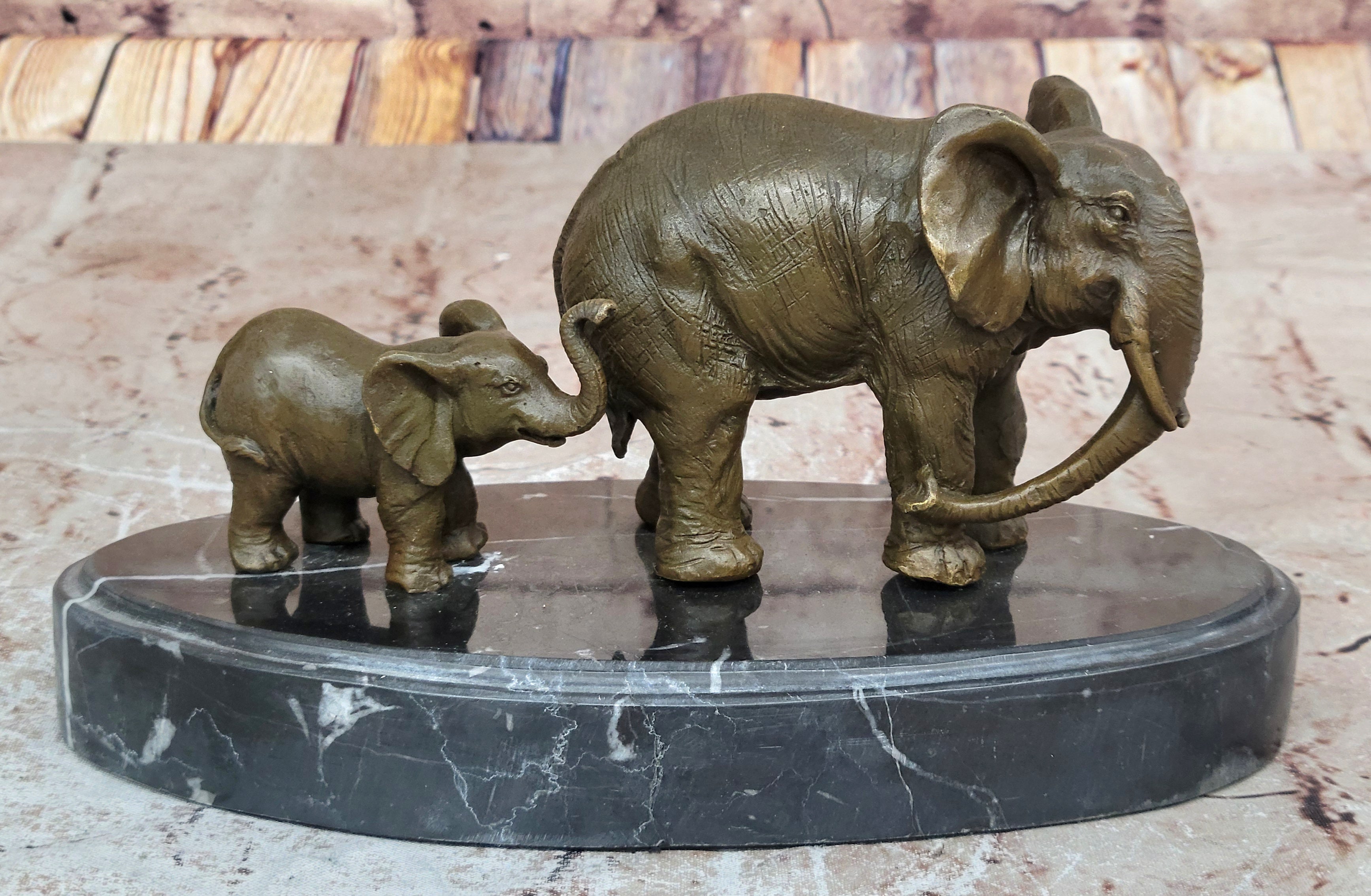 Mother and Child Elephant & Calf Barye Bronze on Marble Base